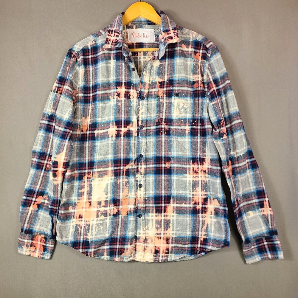 Upcycled OOAK Flannel Blue Plaid Bleached Country Western Cowgirl Rodeo Size L - Picture 2 of 11